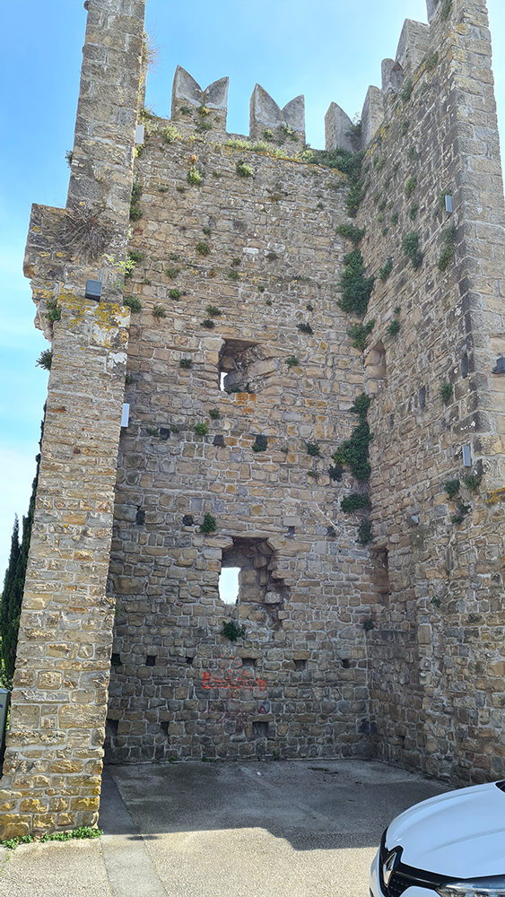View of a tower on the ancient walls of Piran Castle, overlooking the charming town and Adriatic Sea.