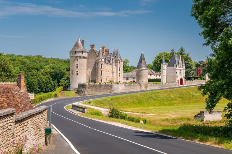 Exterior view of the entrance to Château de Montpoupon, surrounded by lush greenery and historic architecture.