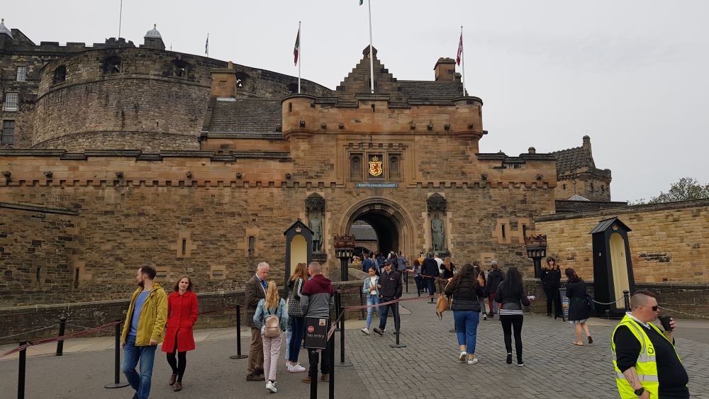 People gathered outside the entrance of Edinburgh Castle.