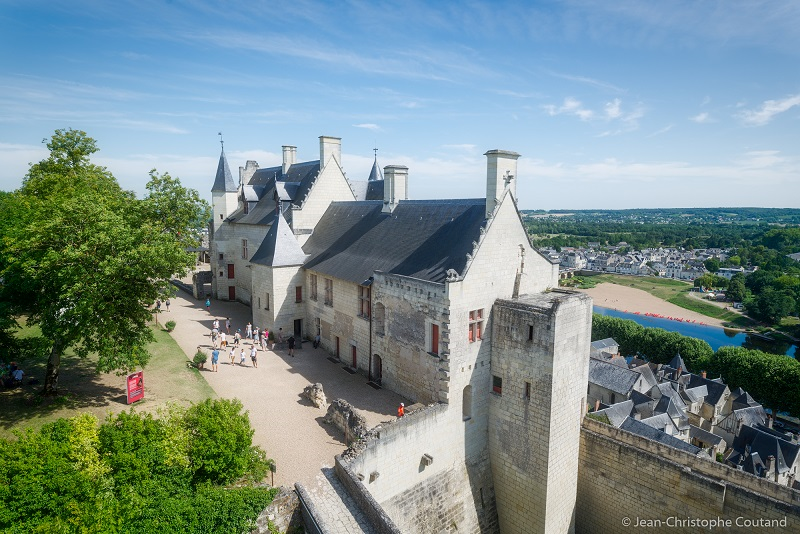 Aerial view of the Forteresse Royale de Chinon, a historic fortress overlooking the charming town of Chinon.