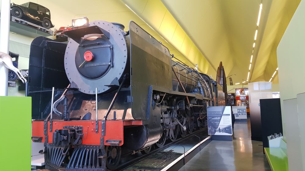 Vintage train exhibit inside Riverside Museum