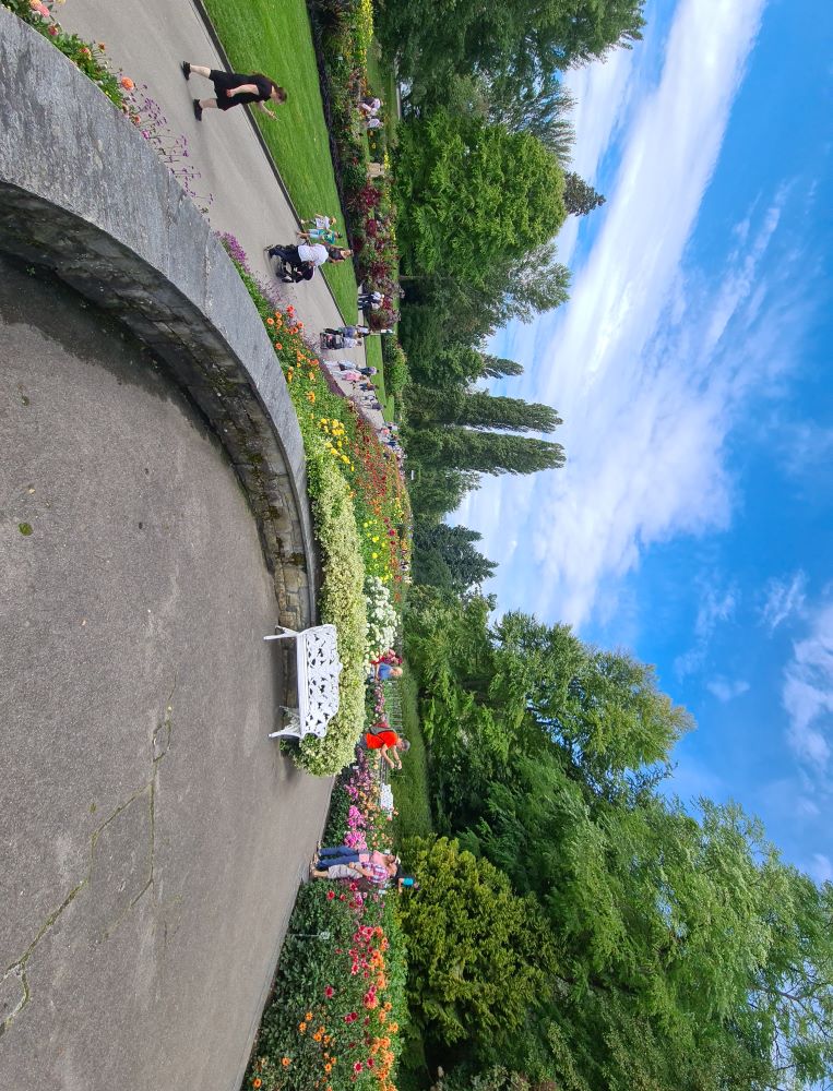 Garden view from the stage on Mainau Island, showcasing lush greenery, vibrant flowers, and a serene atmosphere.