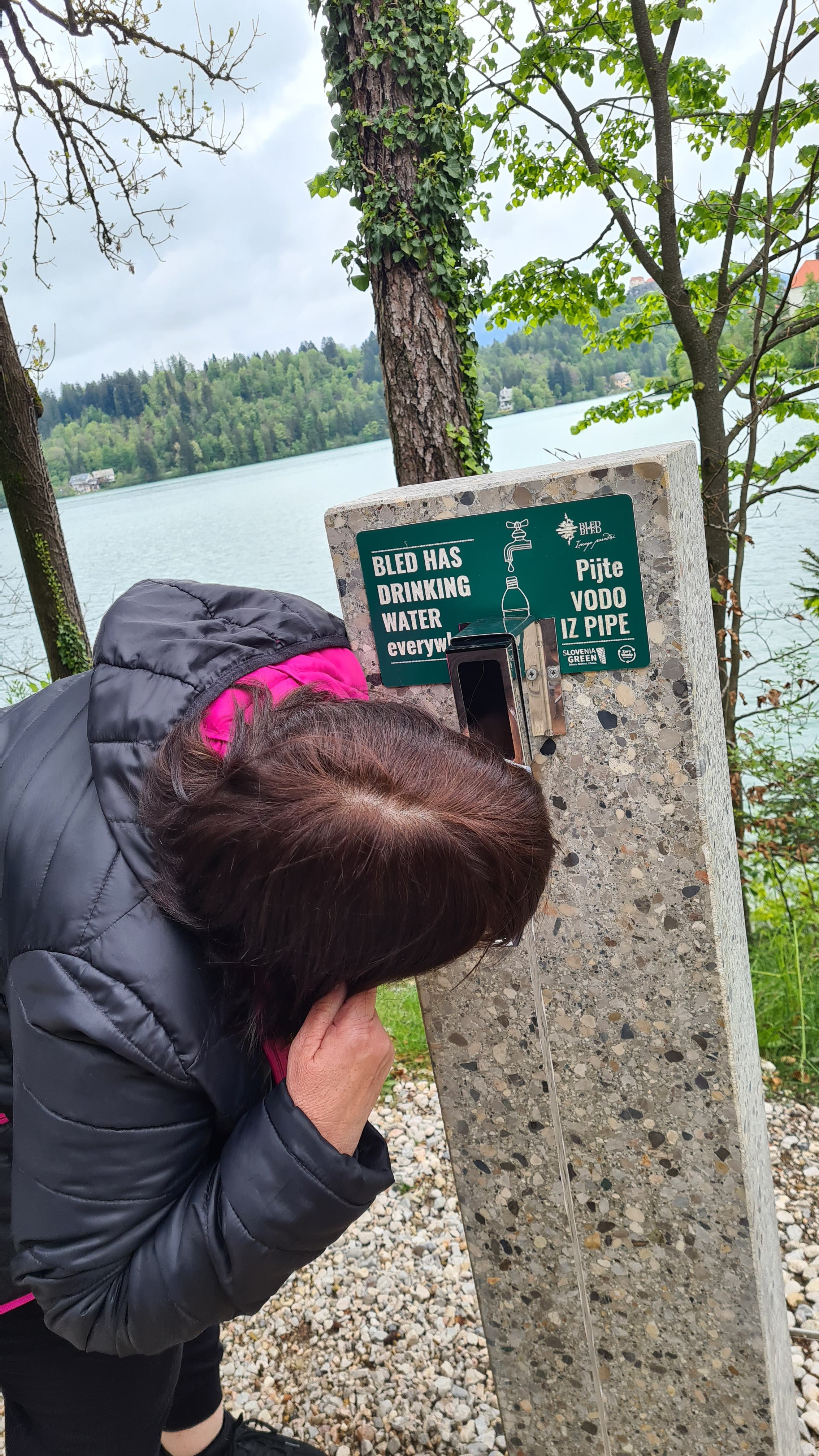 Visitor drinking water from a fountain at Bled Castle, with a scenic view of Lake Bled in the background.