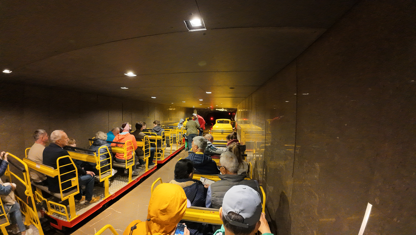 Train entering Postojna Cave, descending into the depths of the caves.