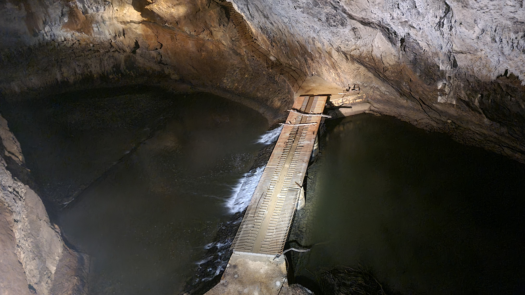 Interior view of Postojna Cave, showcasing a bridge over an underground river with stalactites and stalagmites.