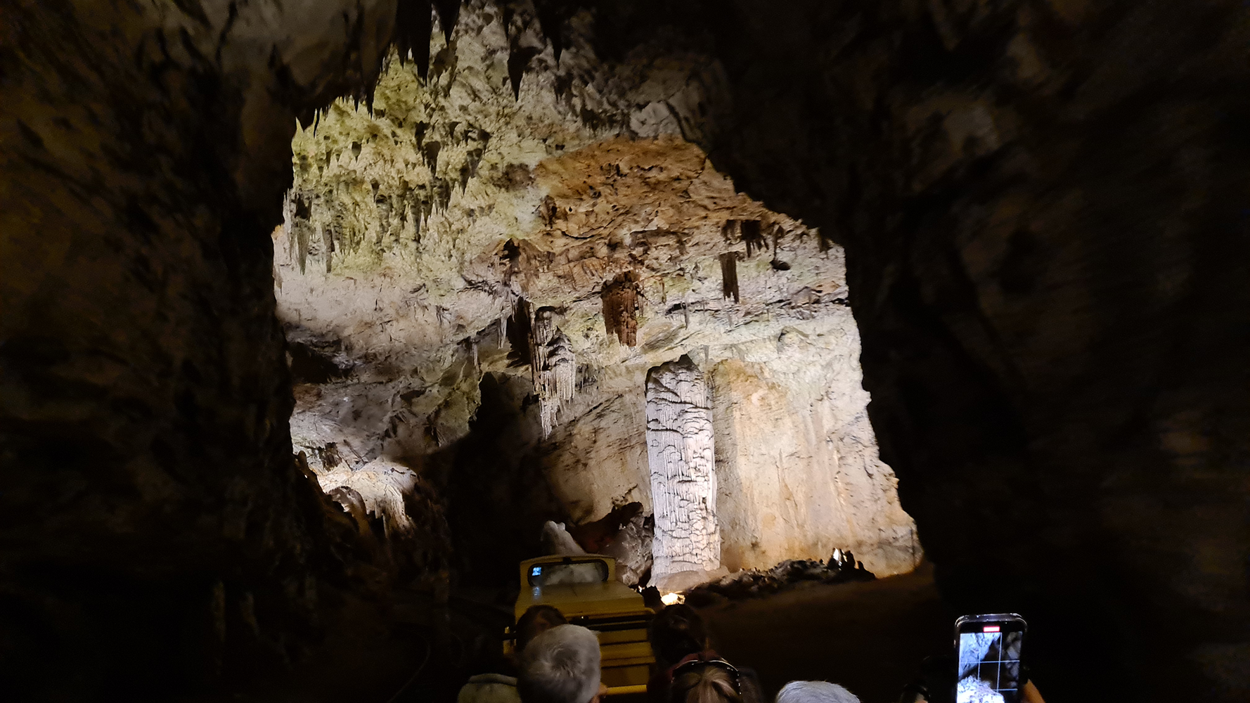 Interior of Postojna Cave, featuring stunning limestone formations illuminated by soft lighting.
