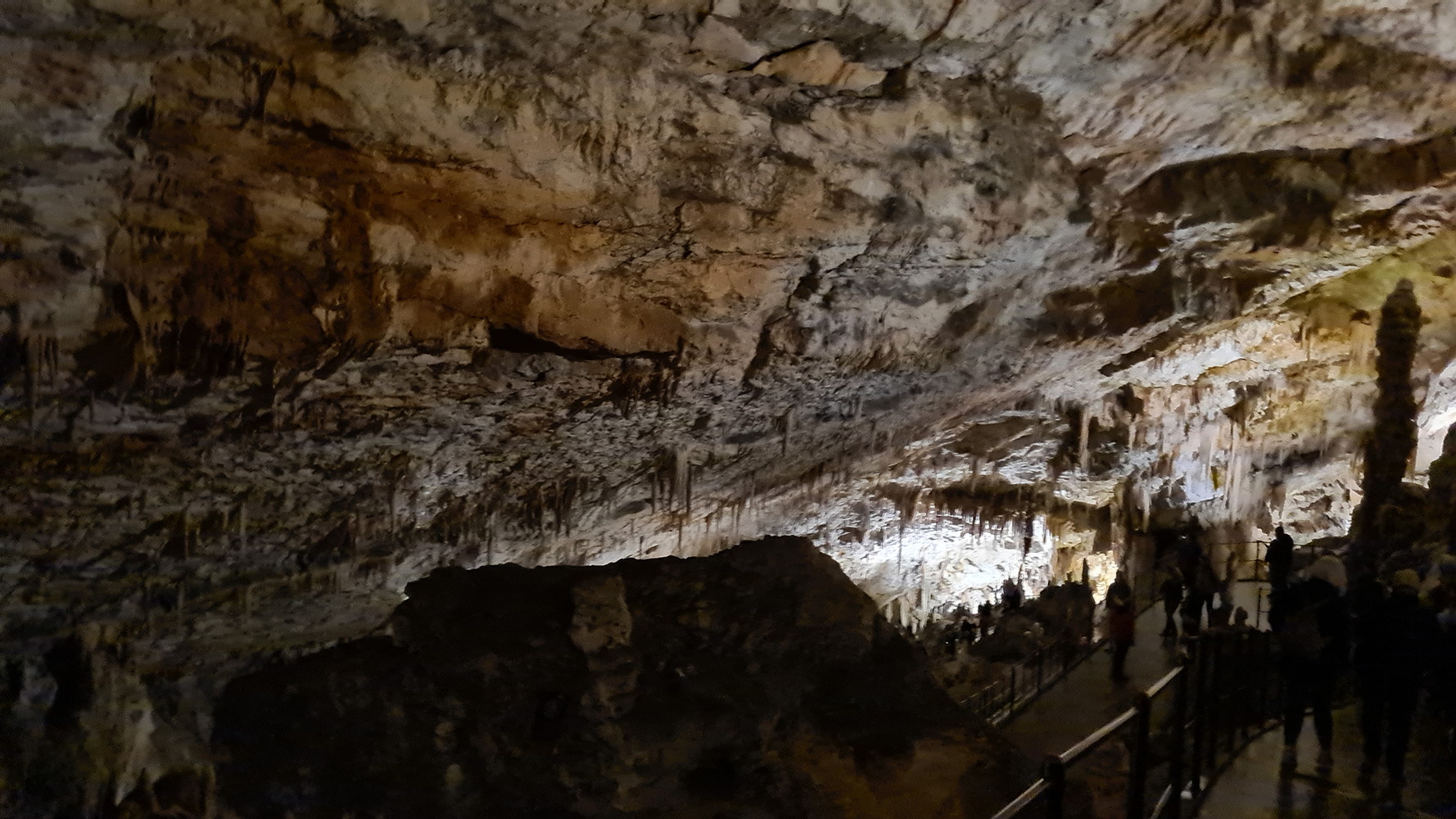 Interior of Postojna Cave, featuring stunning limestone formations illuminated by soft lighting.