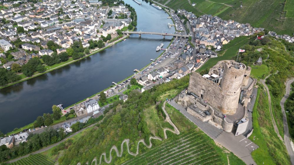 Aerial view of the Rhine River, showcasing its winding path through lush landscapes and picturesque towns.
