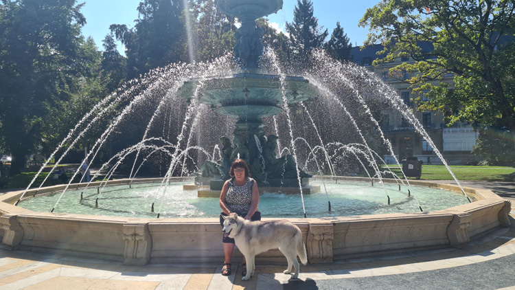 A person and a dog by the Fontaine Quatre-Saisons in Geneva, surrounded by trees and buildings under a clear sky