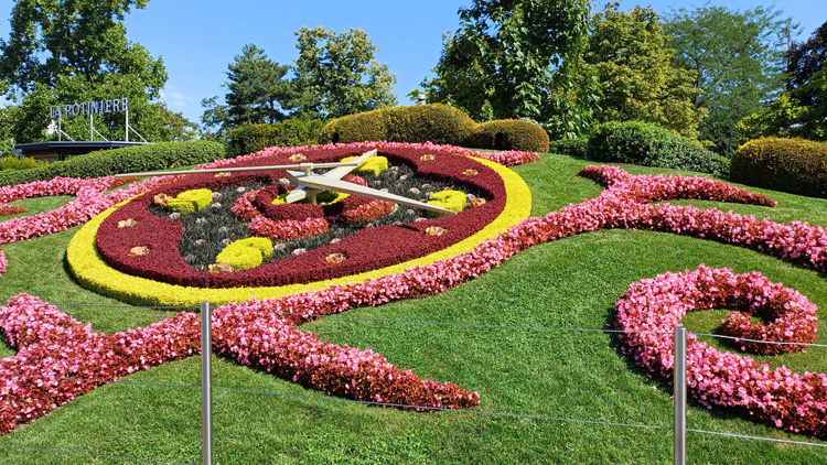 A vibrant garden filled with flowers, grass, and trees, highlighting the Flower Clock