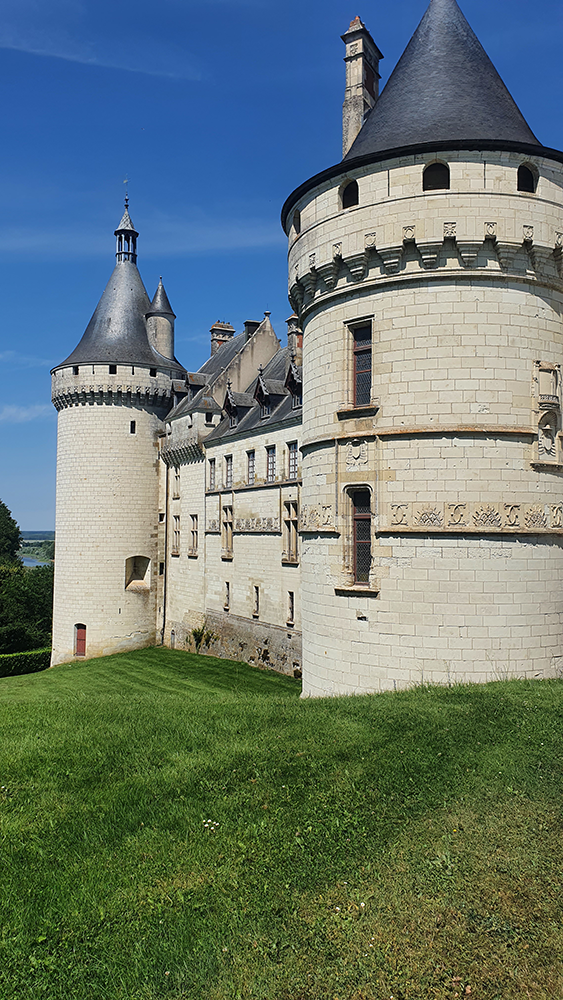 A picturesque side view of the Château de Chaumont, showcasing its magnificent architecture against a backdrop of lush greenery.