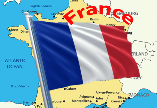 A map of France with a French flag over the top