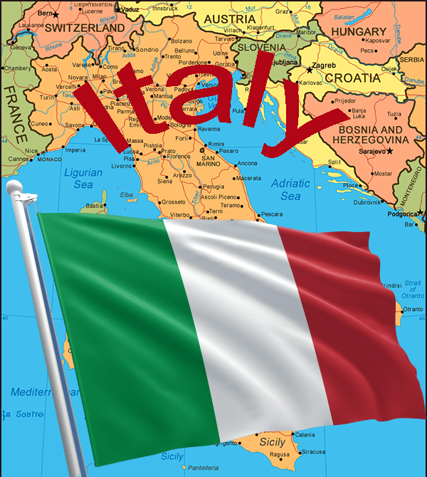 A map of Italy with an Italian flag over the top