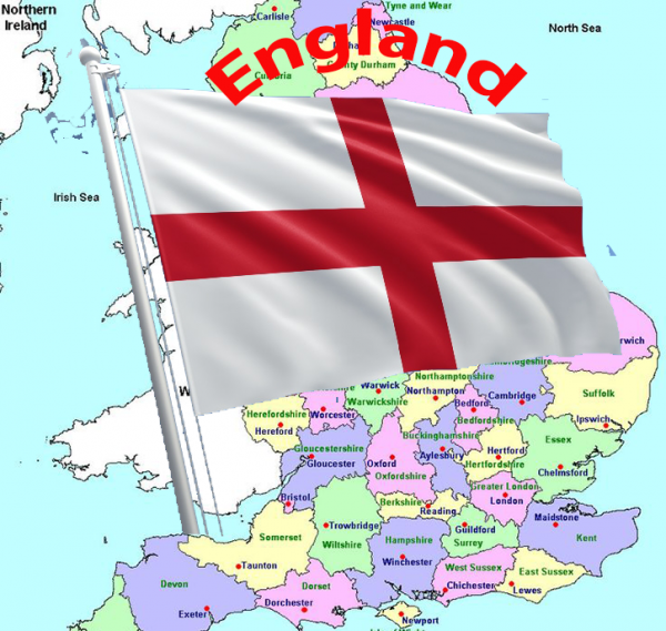 A map of England with a English flag over the top