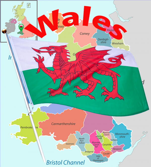 A map of Wales with a Welsh flag over the top